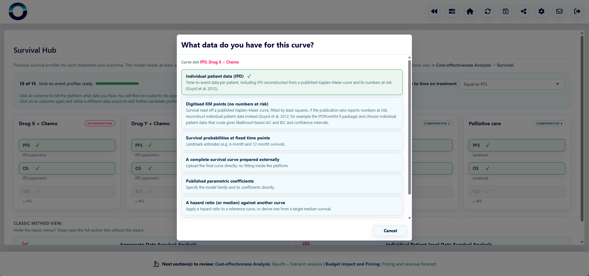 Comprehensive suite of survival analysis modelling options